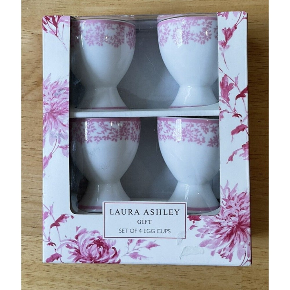 Laura Ashley White With Pink Flowers Set Of 4 Egg Cups. Brand New Sealed